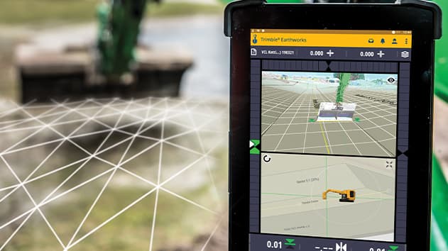 Дисплей Trimble Earthworks с 3D-моделью проекта в кабине